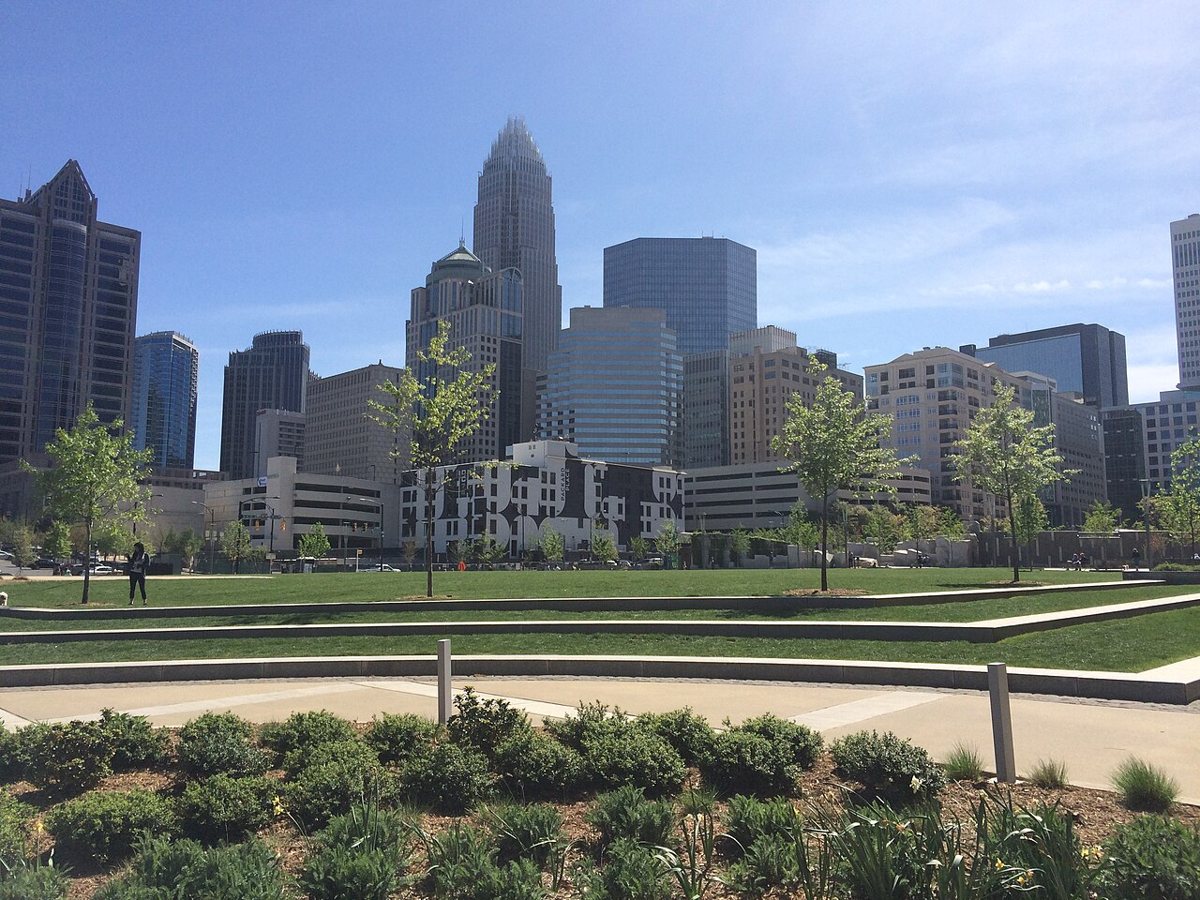 skyline view from the lawn at Romare Bearden Park in uptown Charlotte