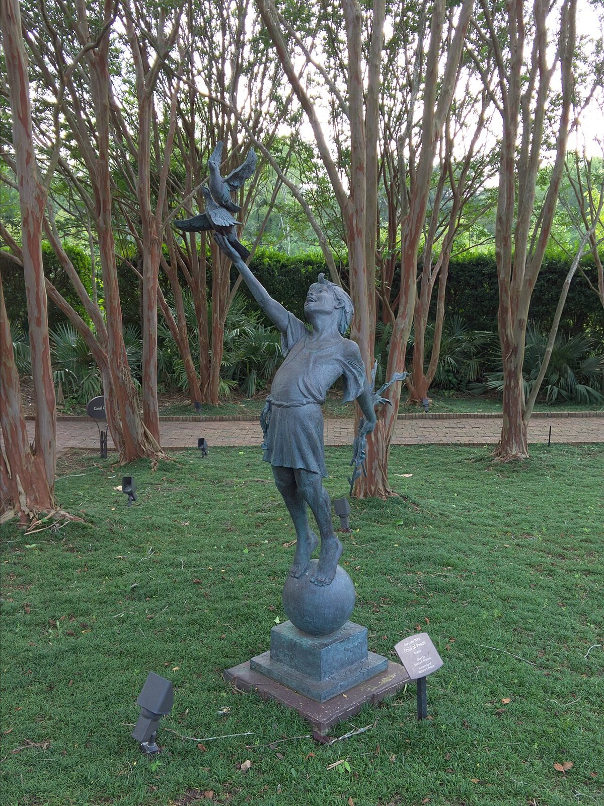 a bronze sculpture among the crepe myrtles at Daniel Stowe Botanical Garden near Charlotte
