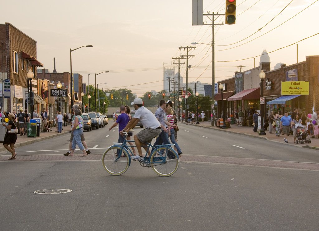 patio diners and storefronts along Central Avenue in Plaza Midwood, Charlotte